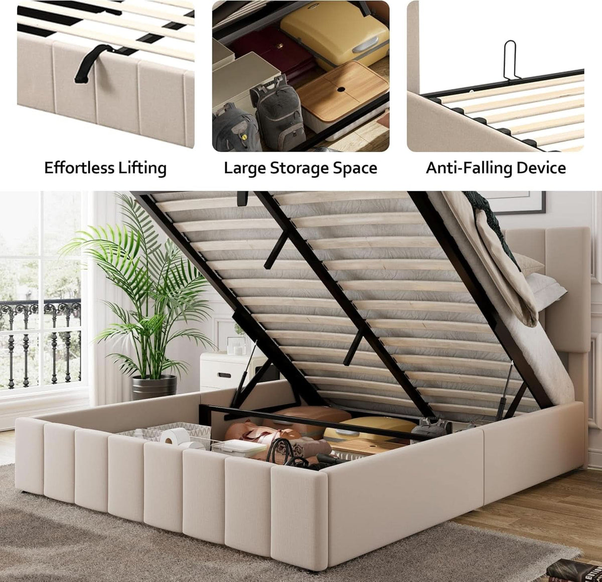 Gas Lift Storage Platform Bedframe Queen Upholstered by ShipItFurniture
