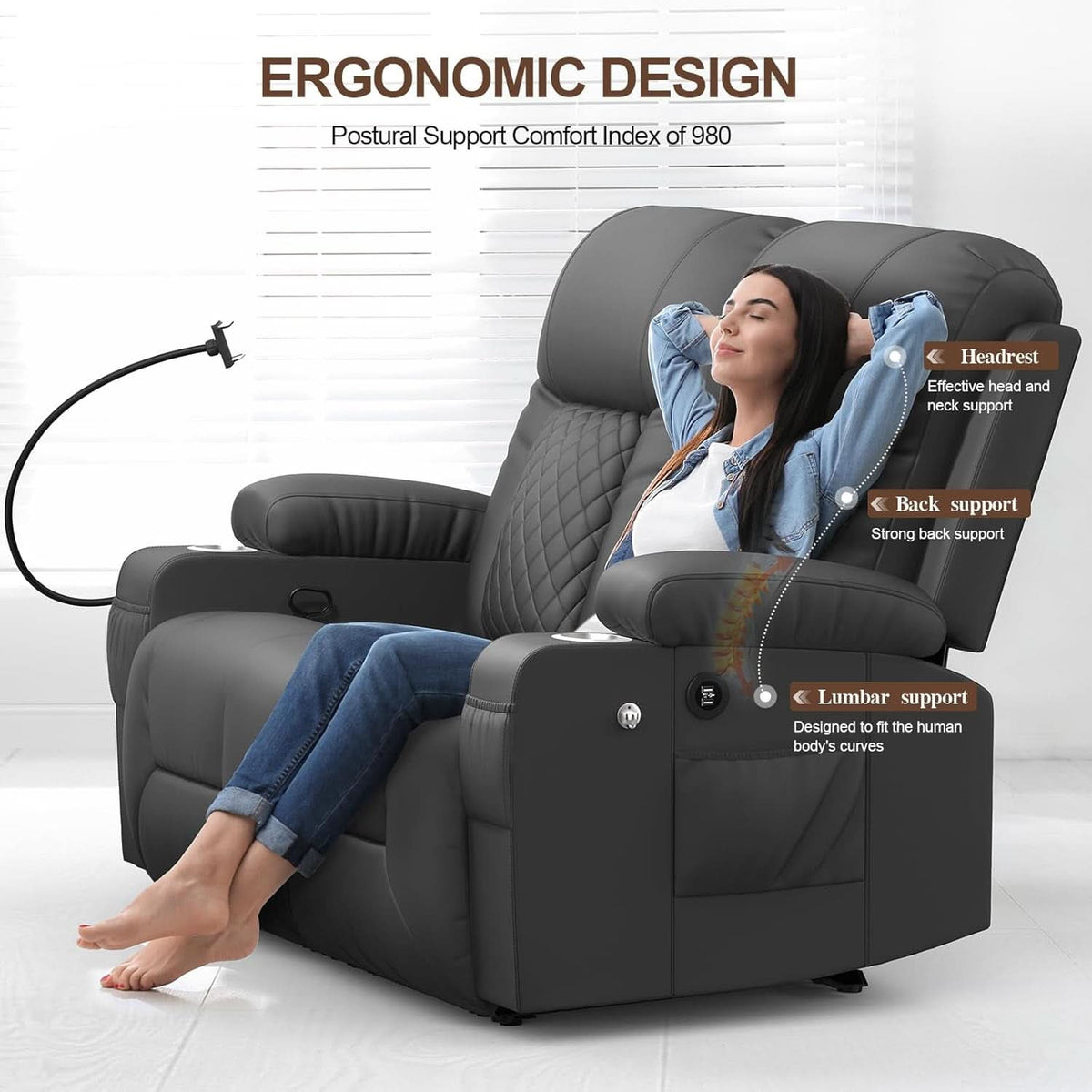 Gray PU Leather Two Seater Recliner Loveseat With USB Ports by ShipItFurniture