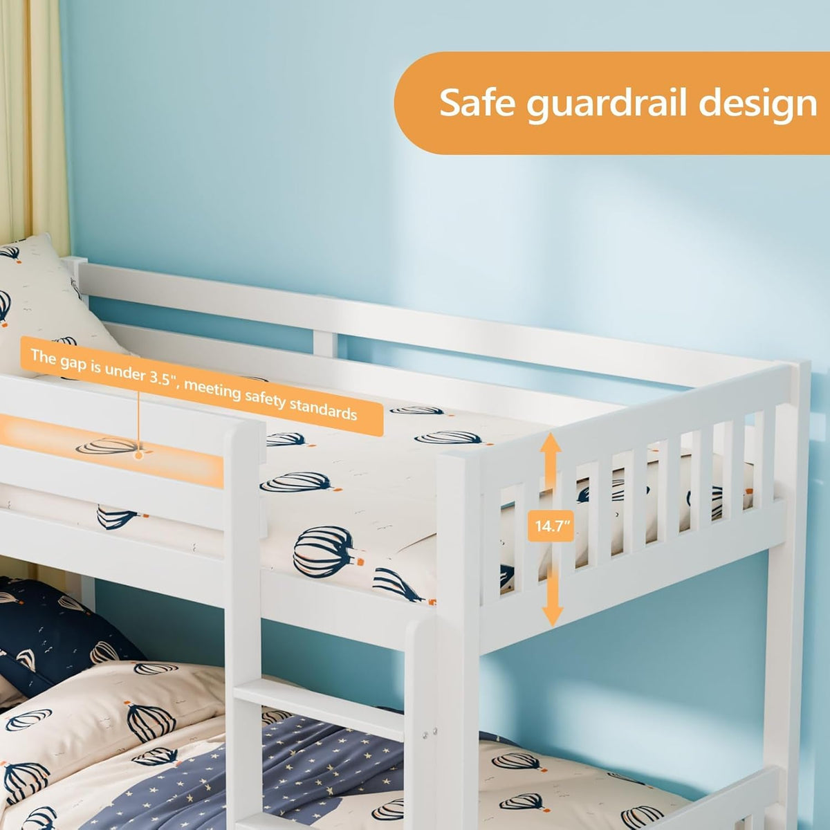 Low Profile White Solid Wood Twin Over Bunk Bed Guardrails by ShipItFurniture