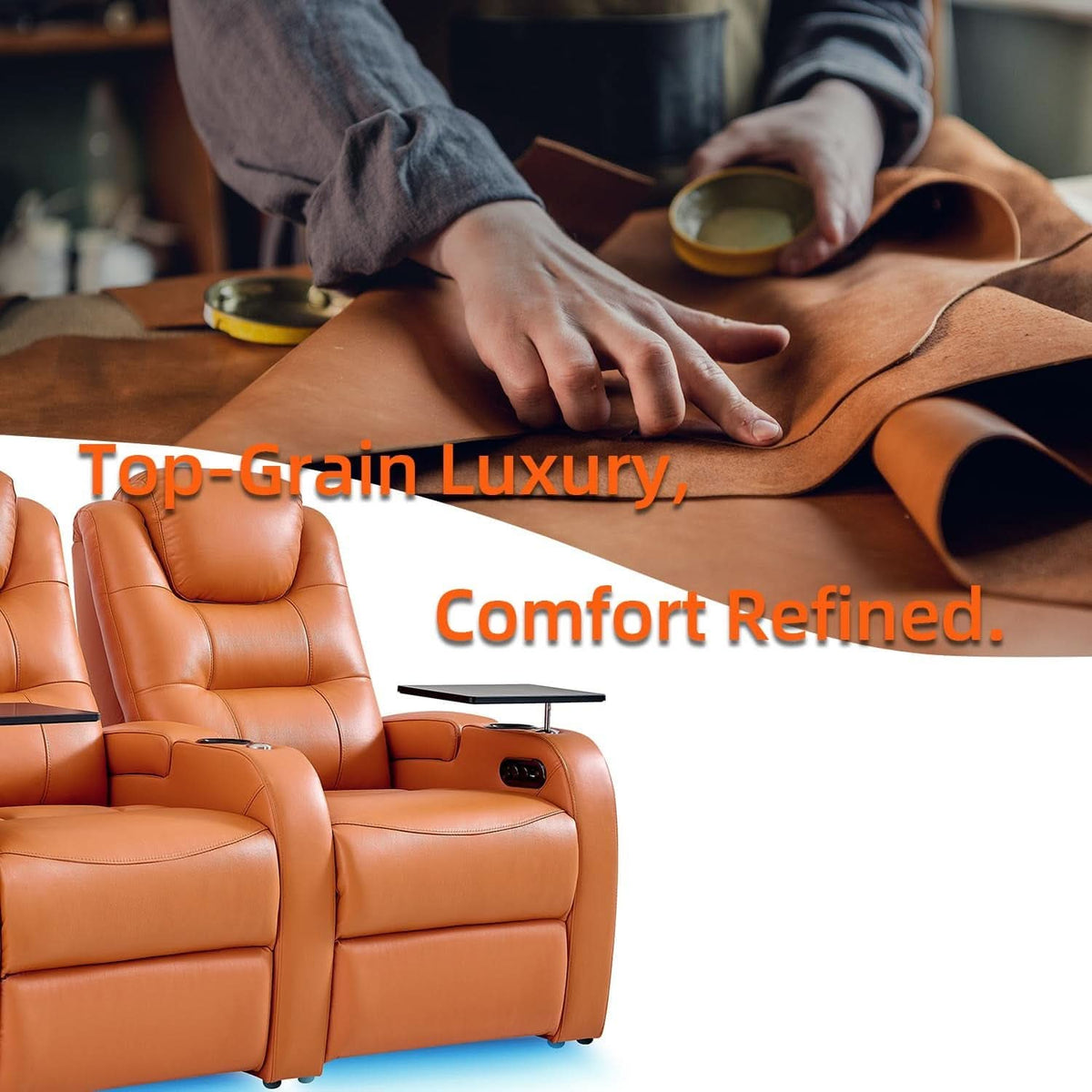 Orange Top Grain Leather Home Theater Seating Row Of Three USB Charger by ShipItFurniture