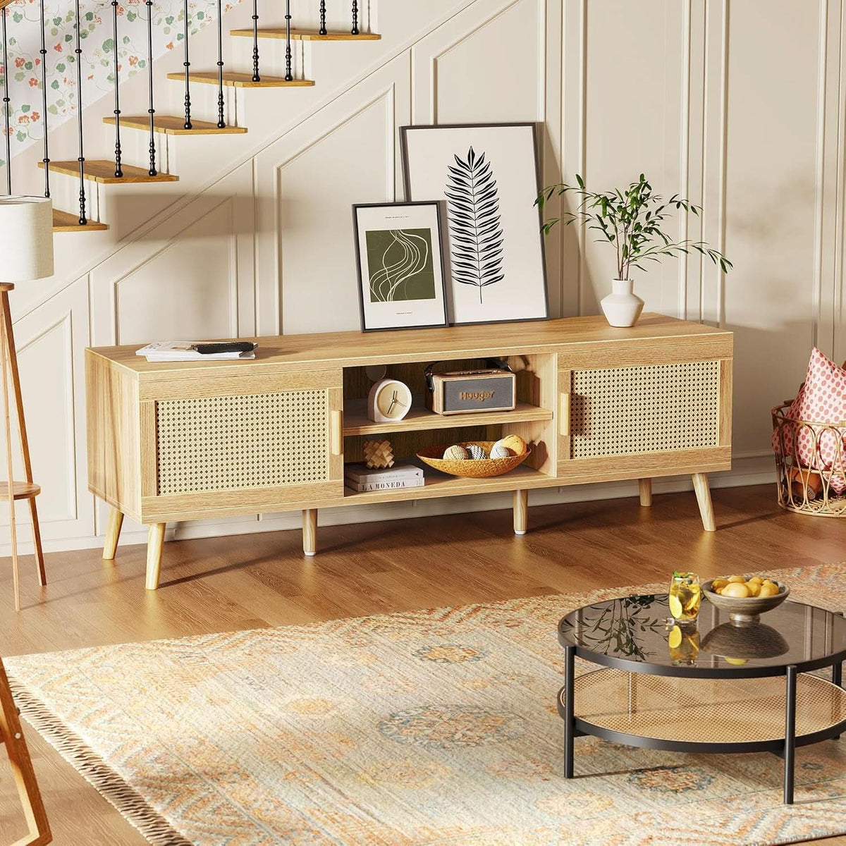 65 Inch Boho TV Stand With Rattan Entertainment Center by ShipItFurniture
