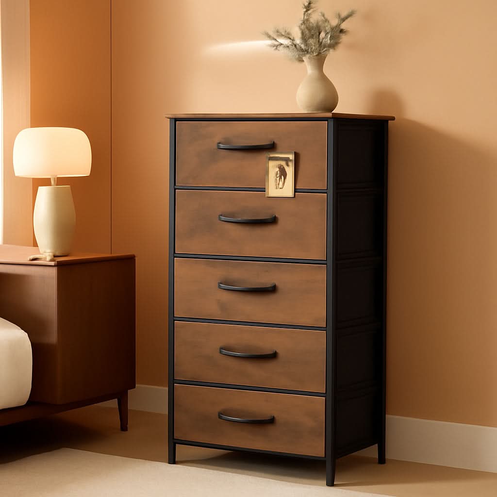 Tall Fabric Dresser With 6 Drawers And Wood Top Rustic Brown by ShipItFurniture