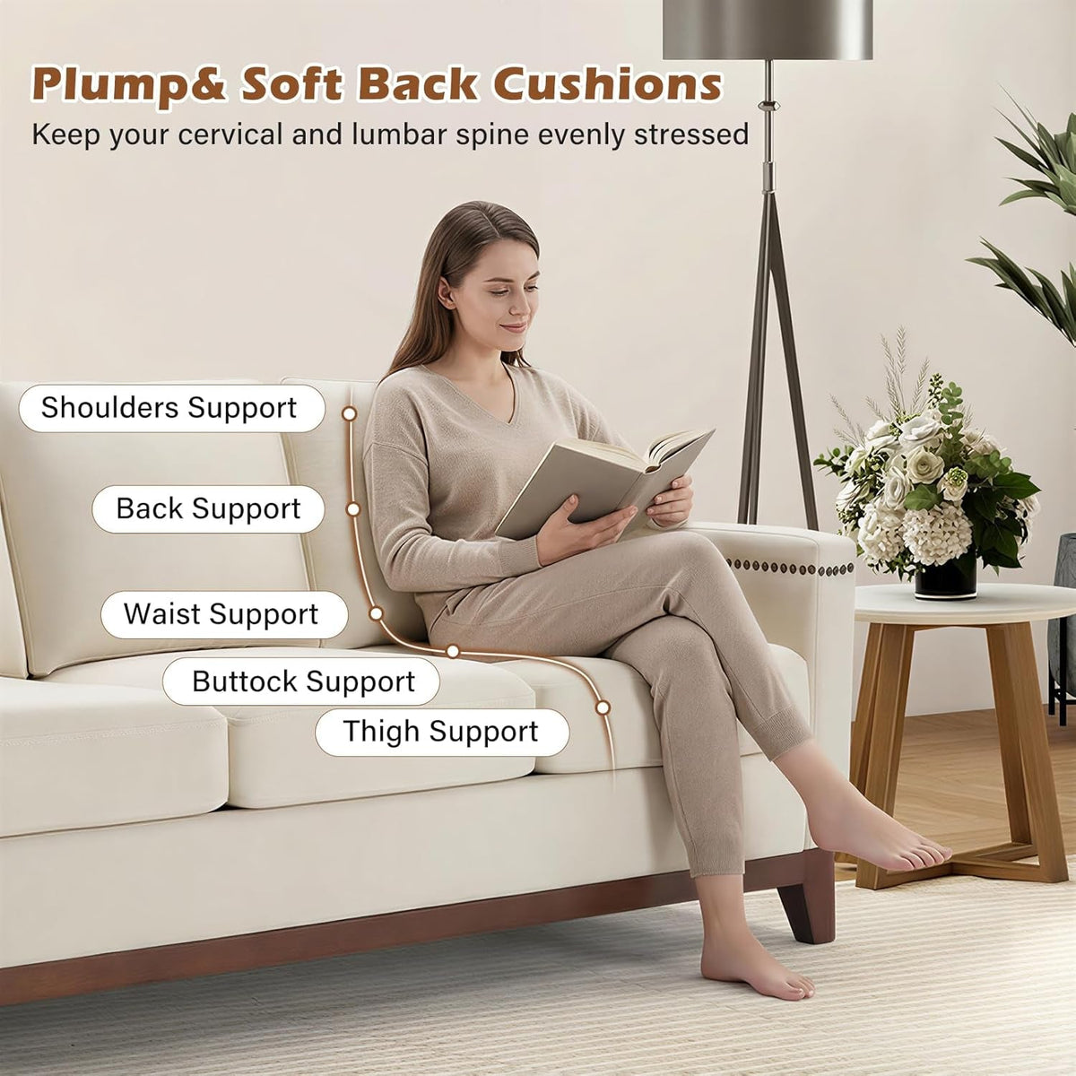 Beige ThreeSeater Upholstered Sofa With Nailhead Trim by ShipItFurniture
