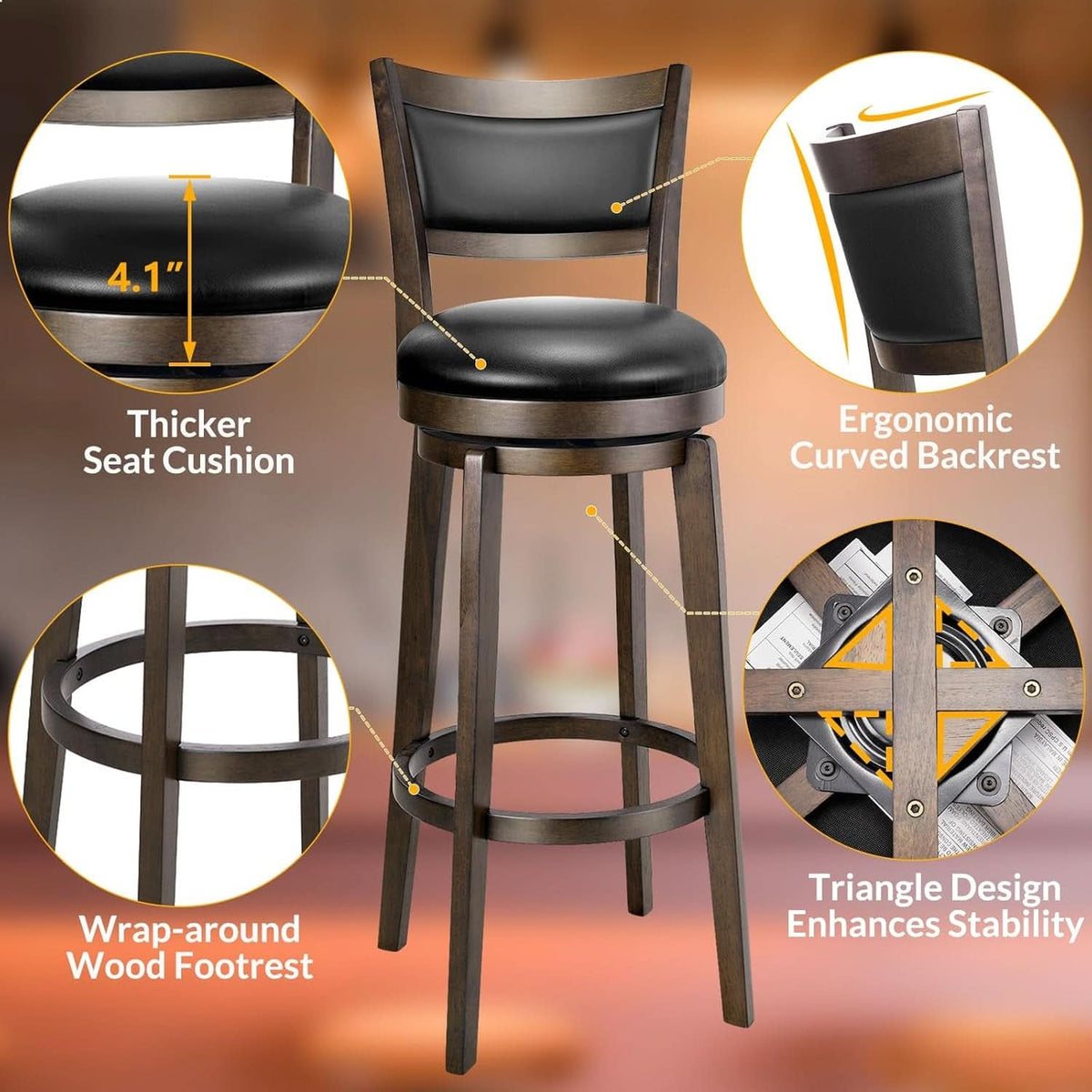 Swivel Bar Stools Set of 2 Black Faux Leather 34 Inch by ShipItFurniture