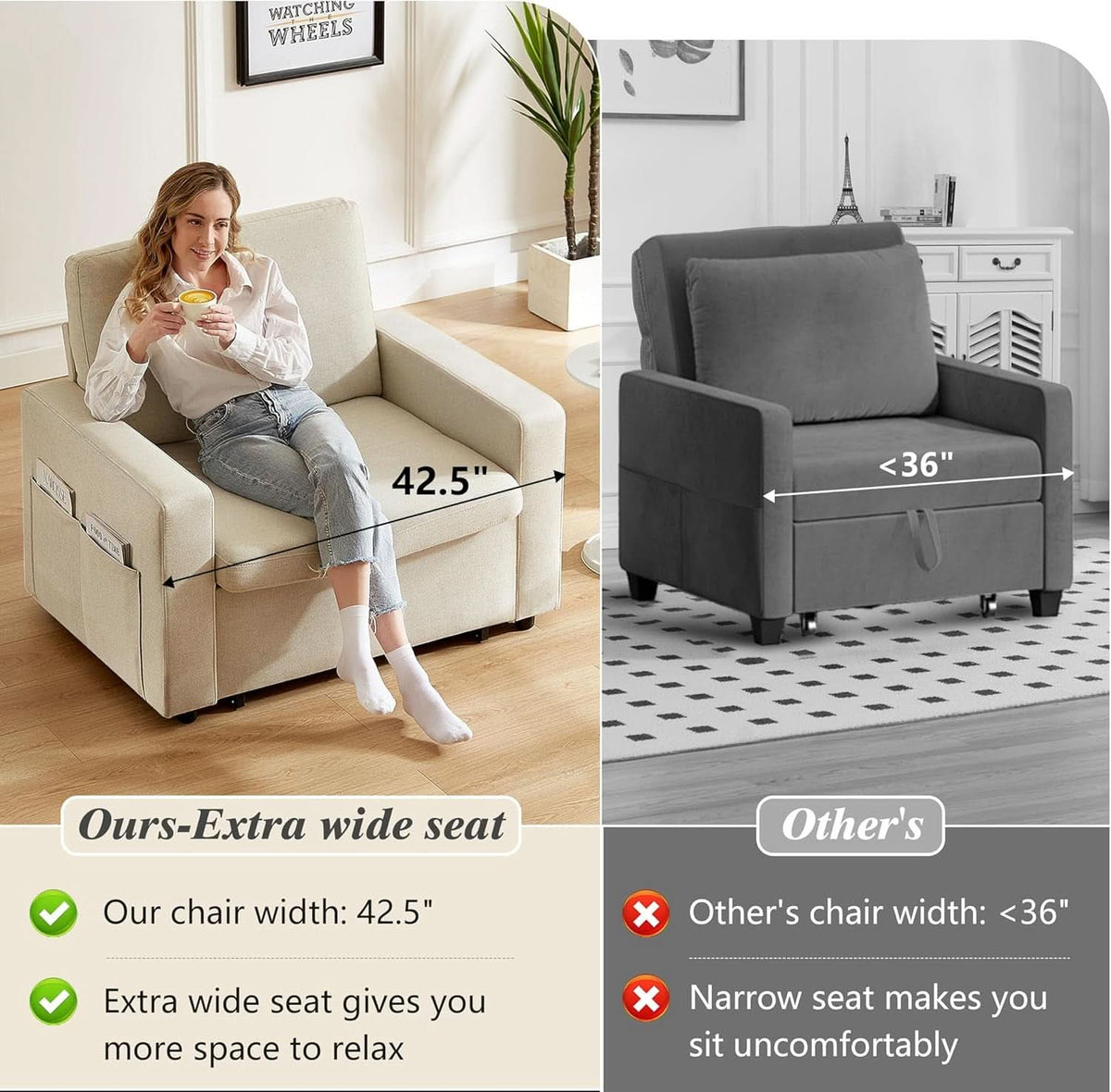 Forty Two Point Five Inch Sleeper Chair Bed Beige Convertible Sofa Bed by ShipItFurniture