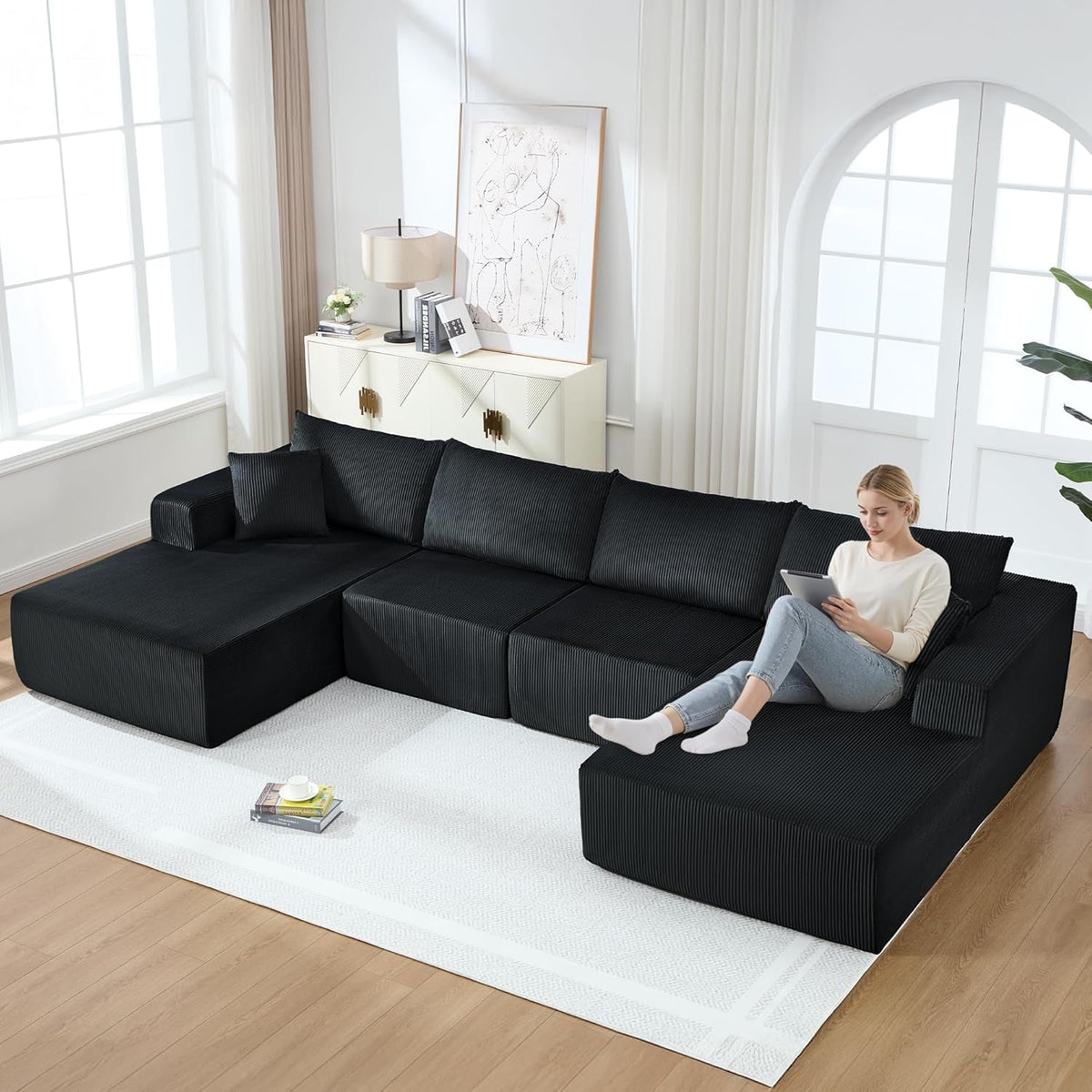 Corduroy Black UShaped 146Inch Modular Sectional Sofa by ShipItFurniture