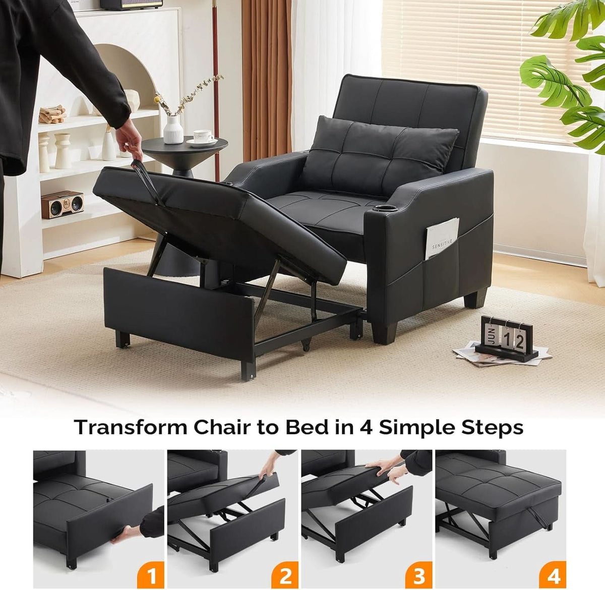 Black Multifunctional Sleeper Chair Sofa Bed Usb Ports by ShipItFurniture