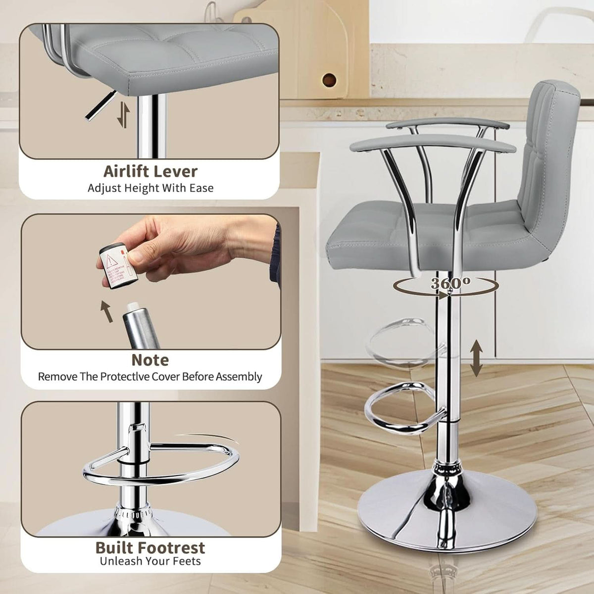 Counter Height Bar Stools Set 2 Armrest Swivel Leather Grey by ShipItFurniture