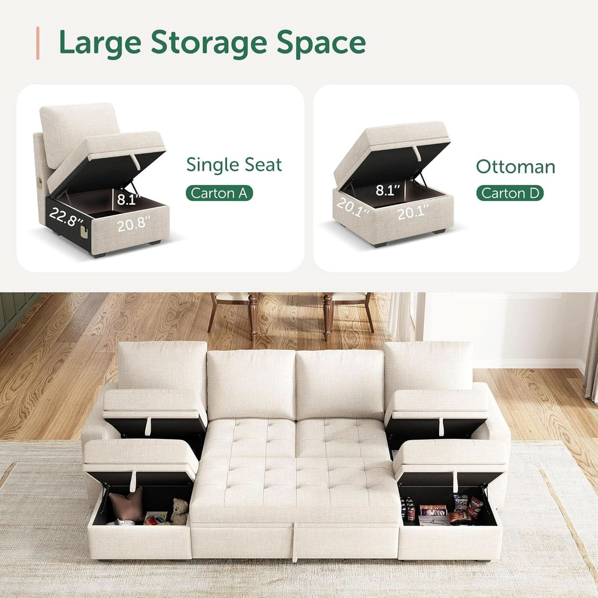 Beige Modular Sleeper Sectional Couch With Storage by ShipItFurniture