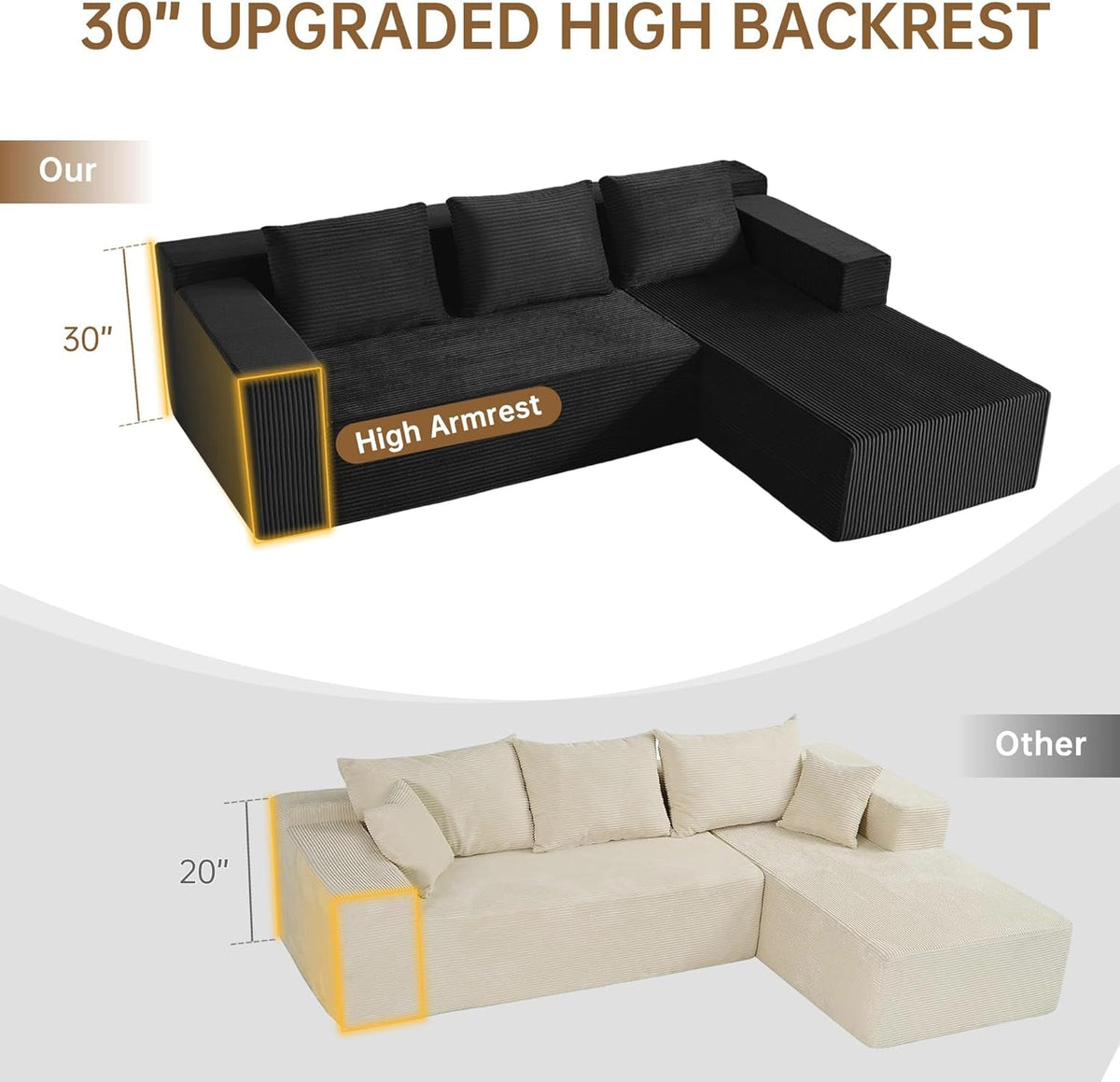 103 Inch Black Corduroy Premium Modular Sectional Sofa by ShipItFurniture