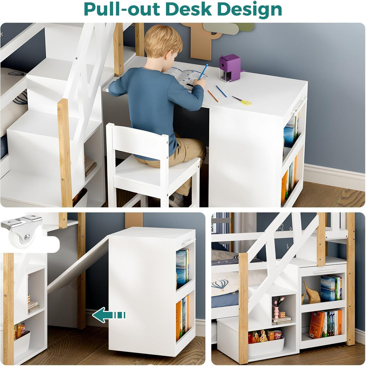 Full Over Full Bunk Bed White Wood Finish Trundle Storage by ShipItFurniture