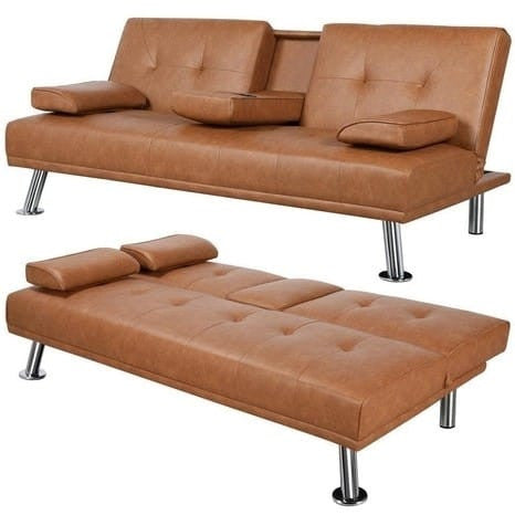 Brown Modern Faux Leather Cup Holders Convertible Sofa Bed Futon Sleeper by SataTrade-U.S LLC