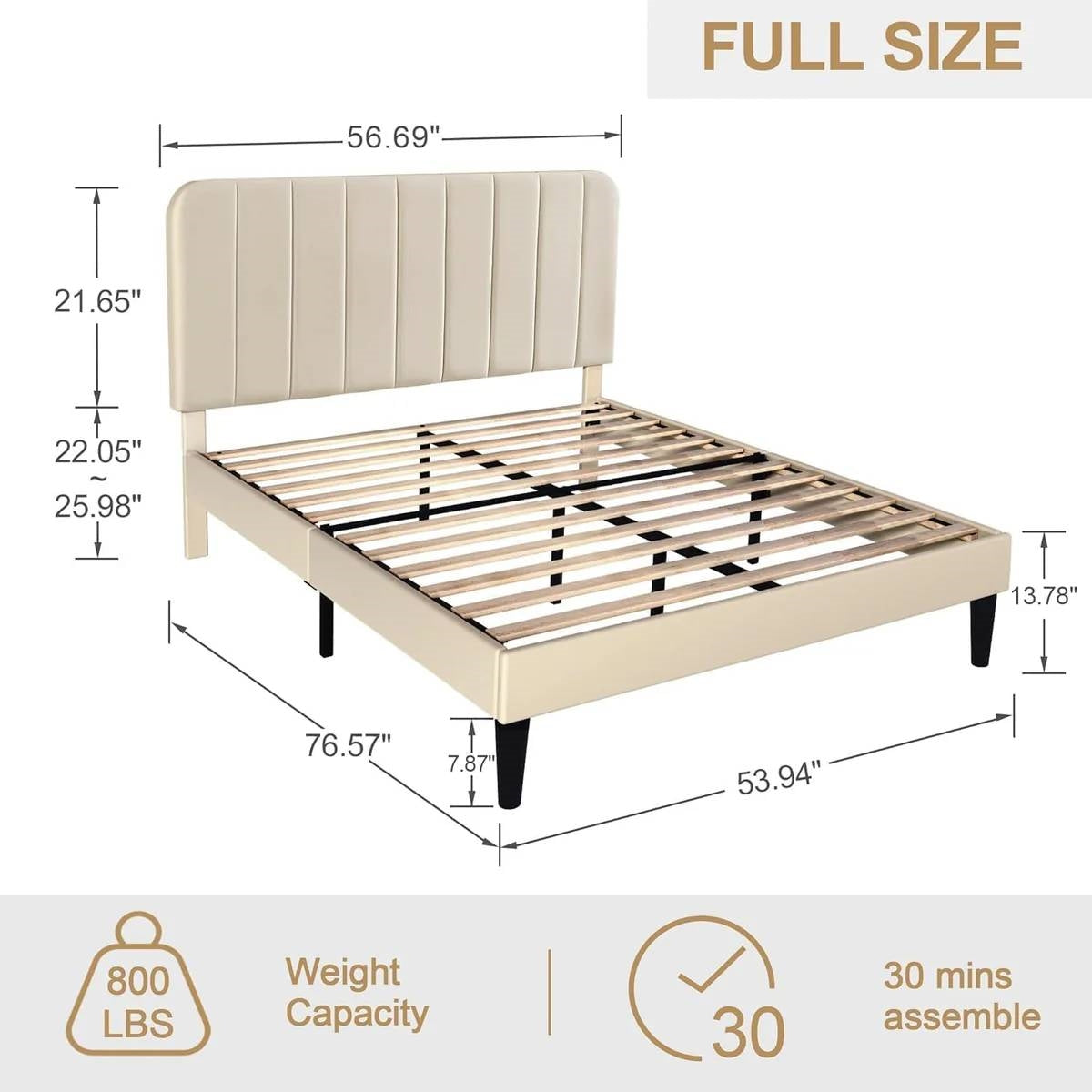 Full size Beige Upholstered Platform Bed Frame with Headboard by FastFurnishings