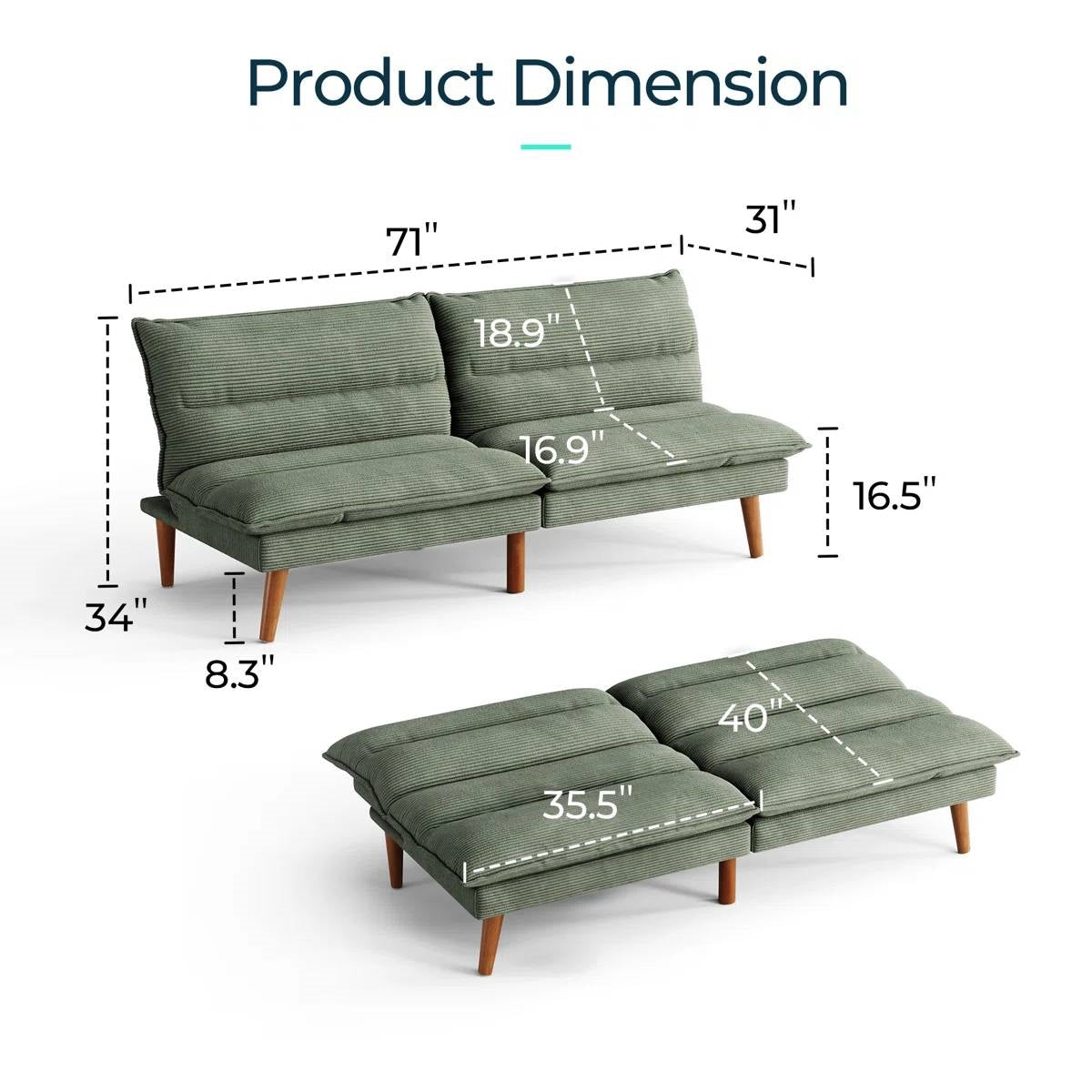 Modern Green Corduroy Fabric Futon Sleeper Sofa Bed Couch with Wood Legs by FastFurnishings