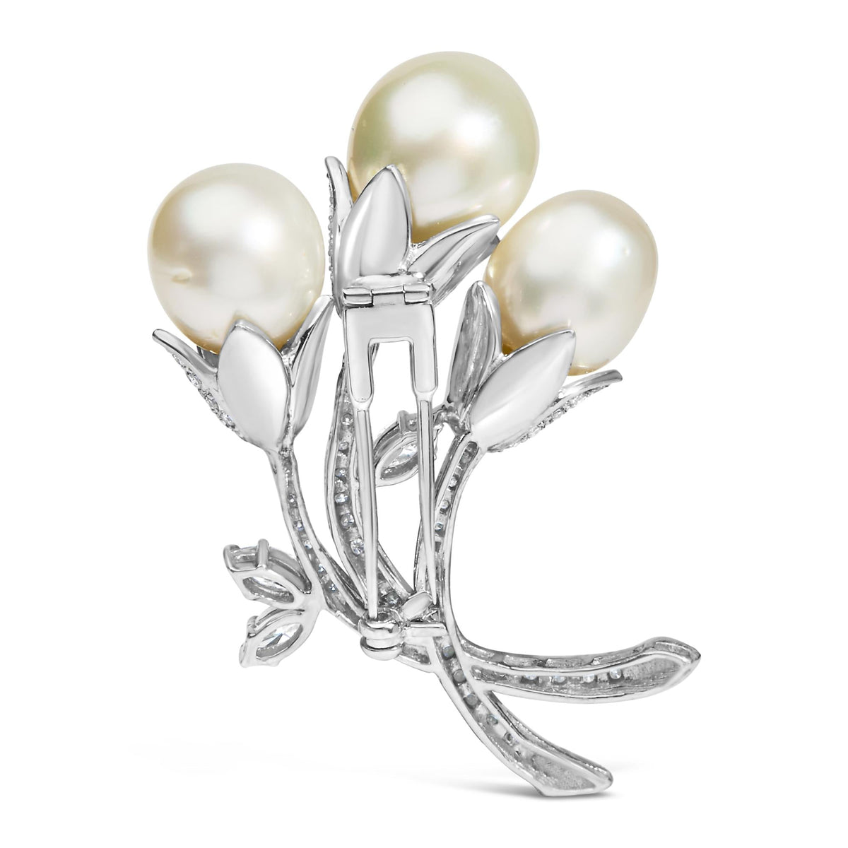 18K White Gold 2 1/5 Cttw Diamond and South Sea Pearl Floral Brooch Pin (G-H Color, VS1-VS2 Clarity) by Infinite Jewels