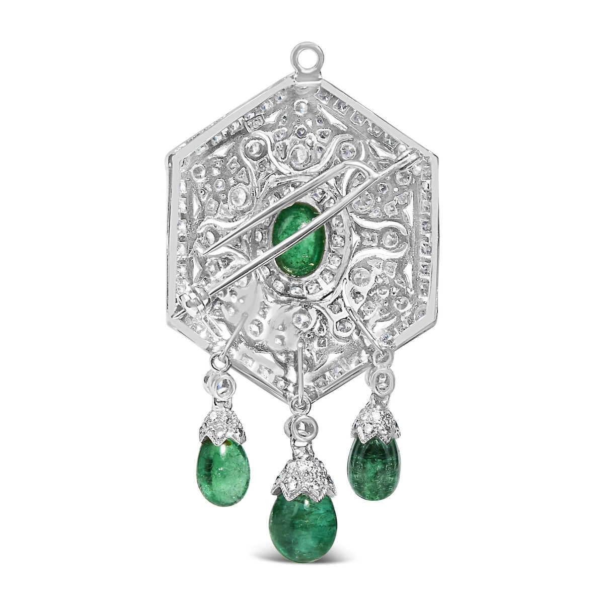 18K 2 3/4 Cttw Diamond and Emerald Dangle Art Deco Shield Brooch Pin Pendant (G-H Color, VS1-VS2 Clarity) CHAIN NOT INCLUDED by Infinite Jewels