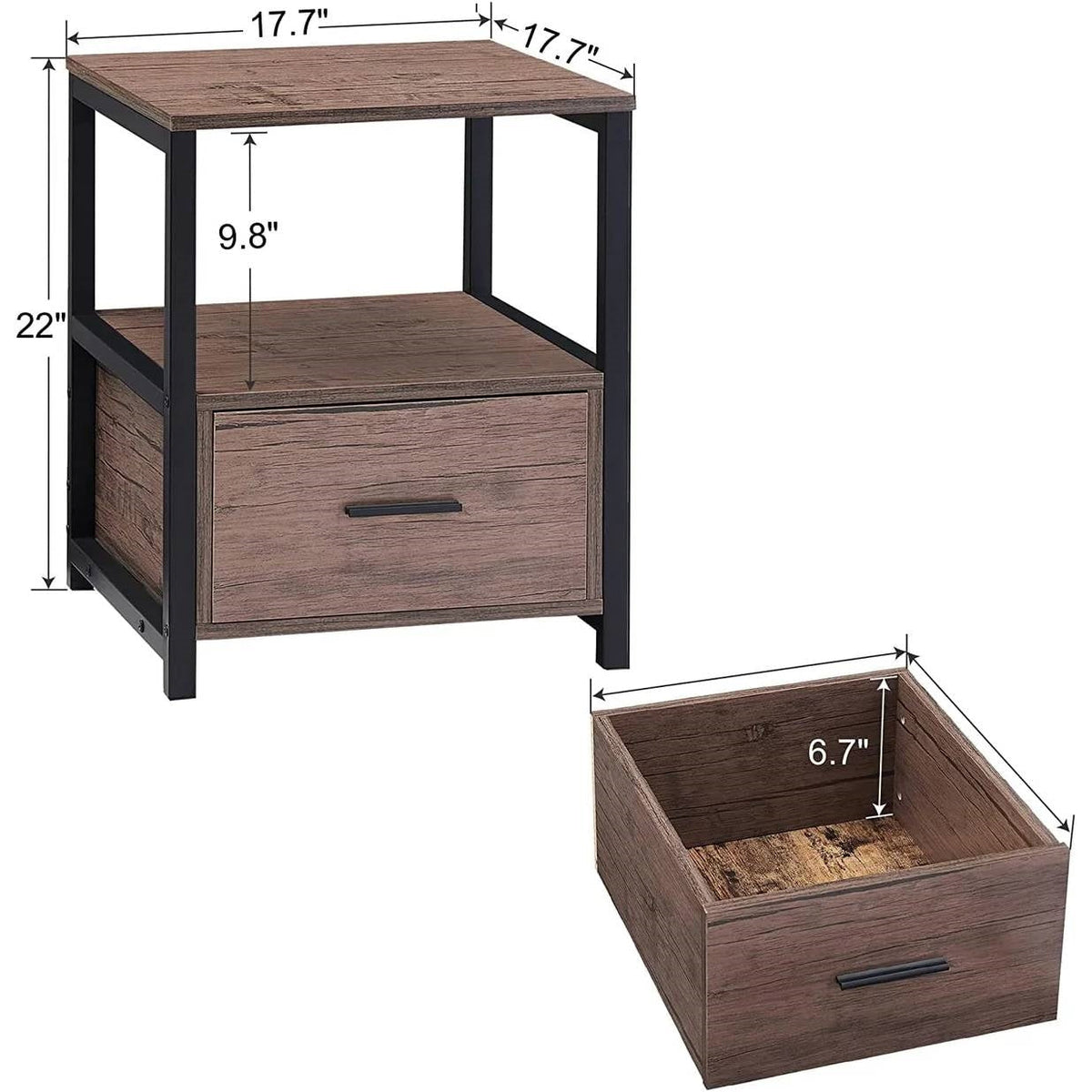 Set of 2 - Modern Metal Wood Side End Table Nightstand with Storage Drawer by FastFurnishings