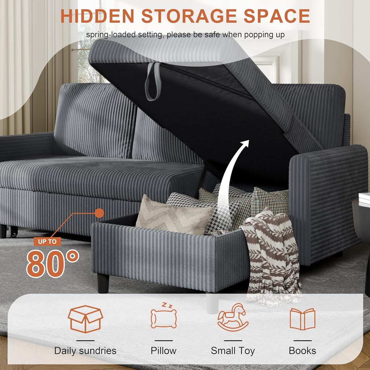 Dark Grey Corduroy Sleeper Sofa With Hidden Storage by ShipItFurniture