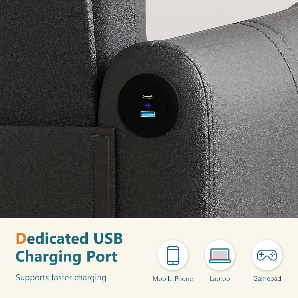 85Inch Black Faux Leather Executive Sofa USB Charging Ports by ShipItFurniture