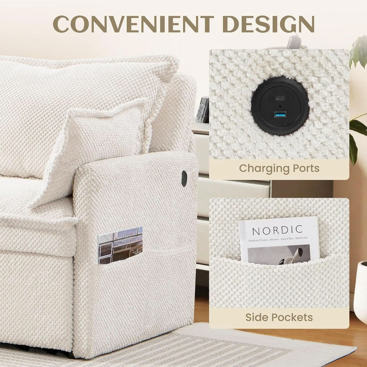 Convertible King Sofa Bed with USB Charging and Pockets by ShipItFurniture