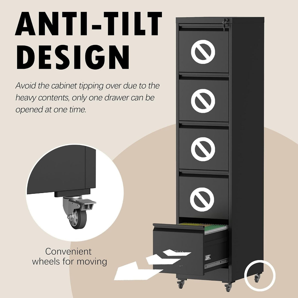 Black 5-Drawer Commercial-Grade Filing Cabinet Lockable by ShipItFurniture