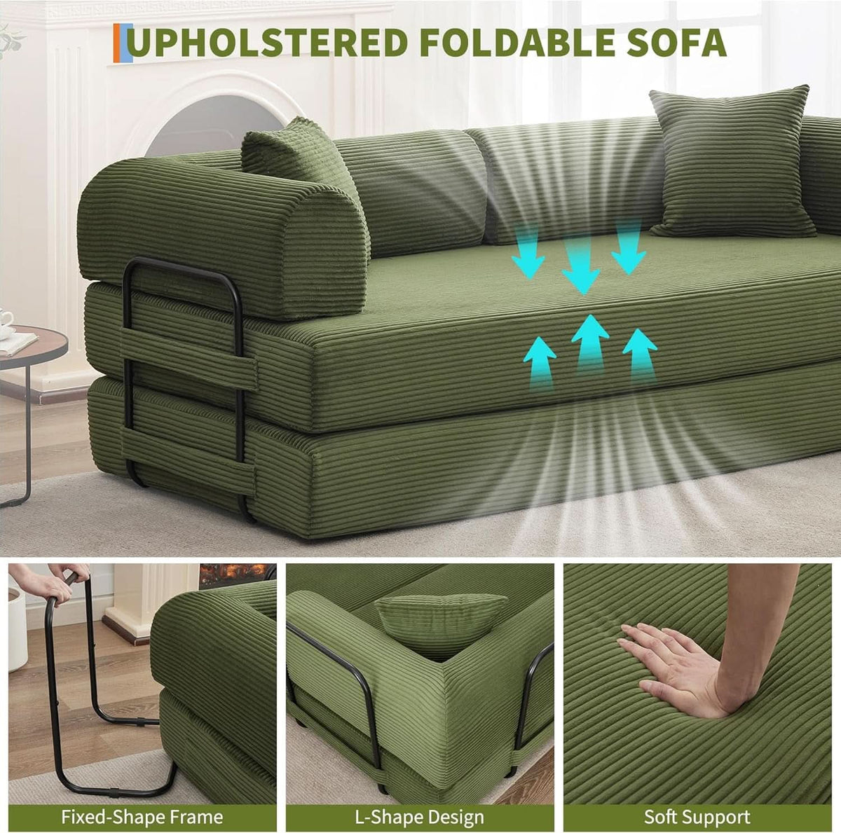 Corduroy Green 79 Inches Inter changeable Plus Sofa Bed by ShipItFurniture