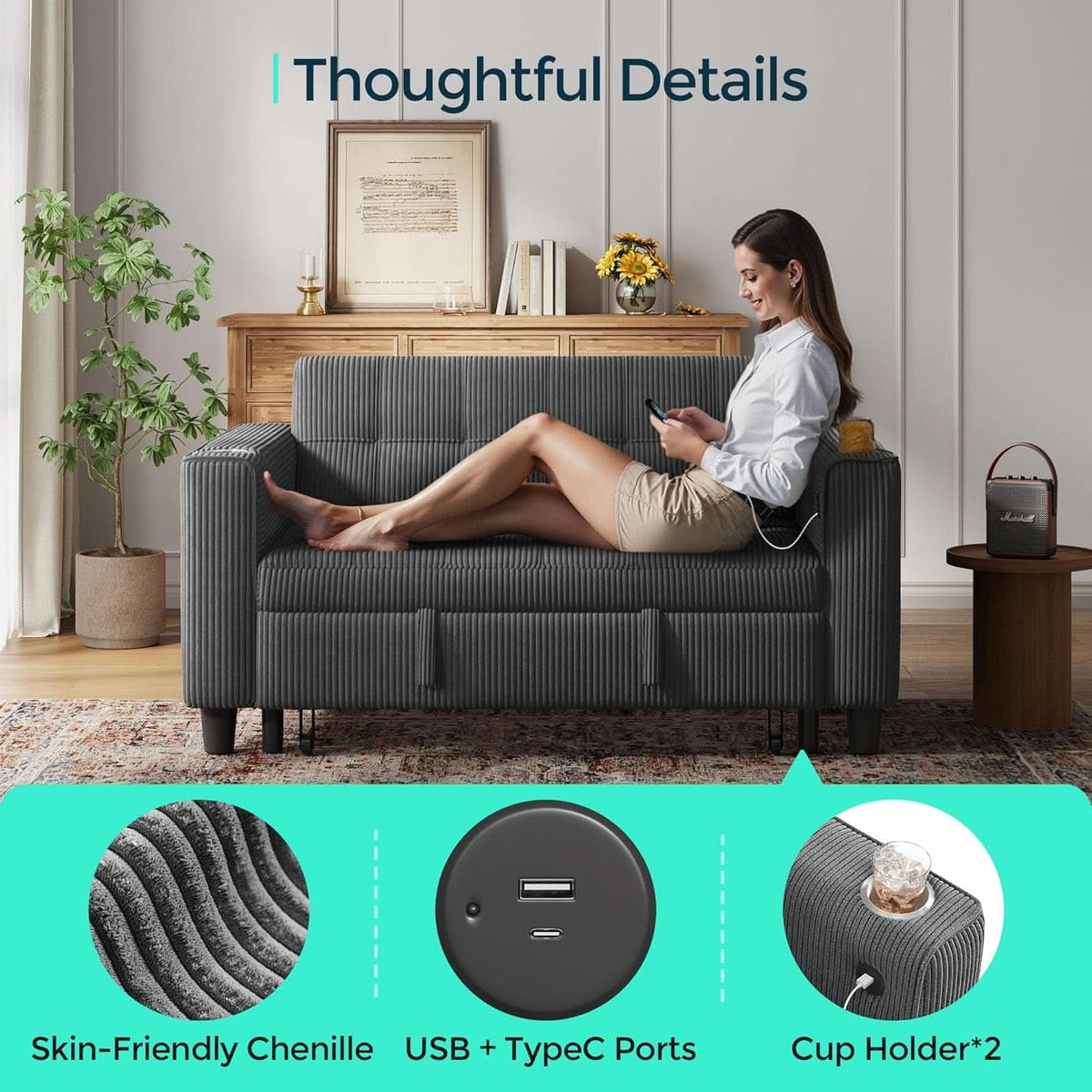 Corduroy Gray 54 Inch Multifunctional Sleeper Sofa by ShipItFurniture