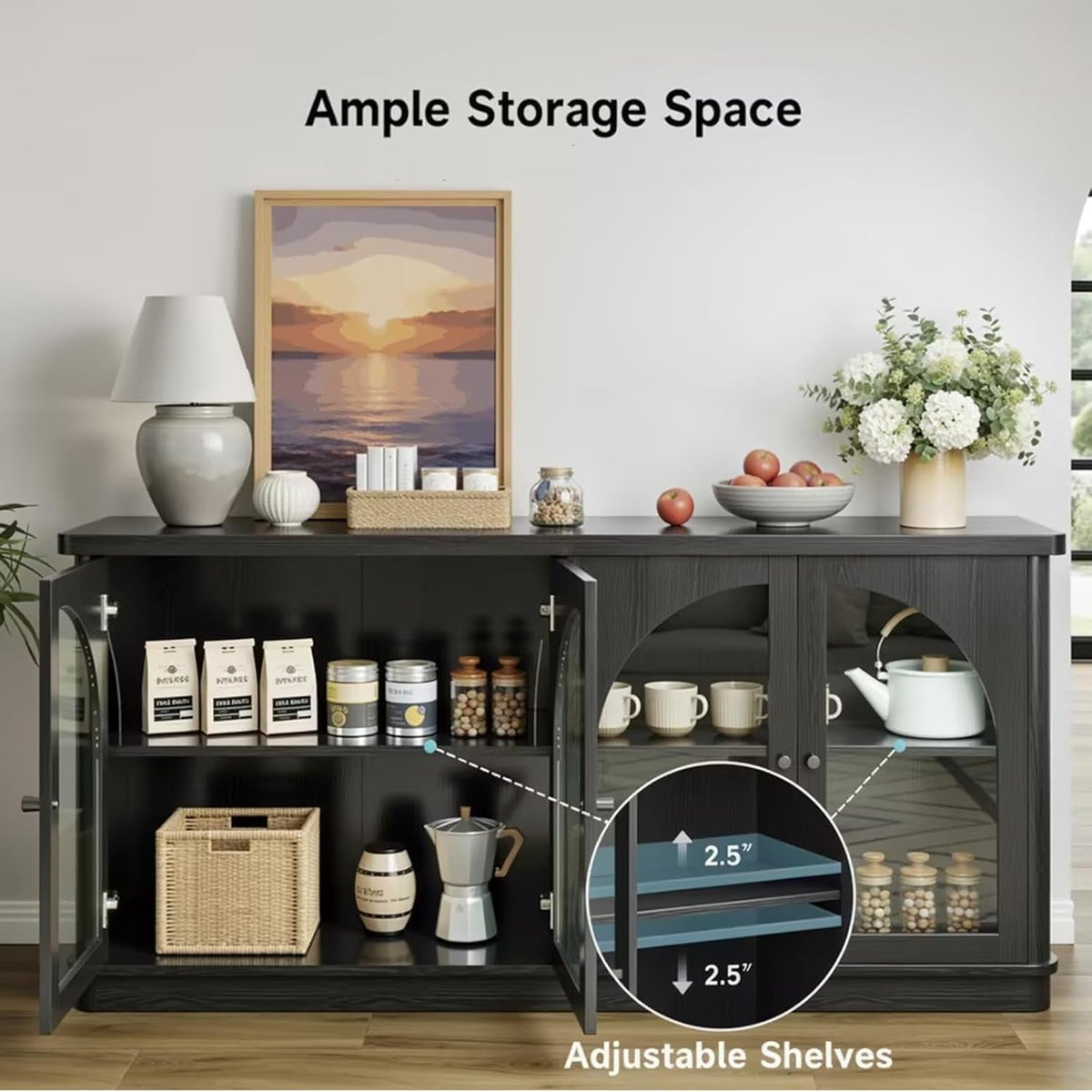 63Inch Black Sideboard Buffet Cabinet Glass Doors Modern by ShipItFurniture