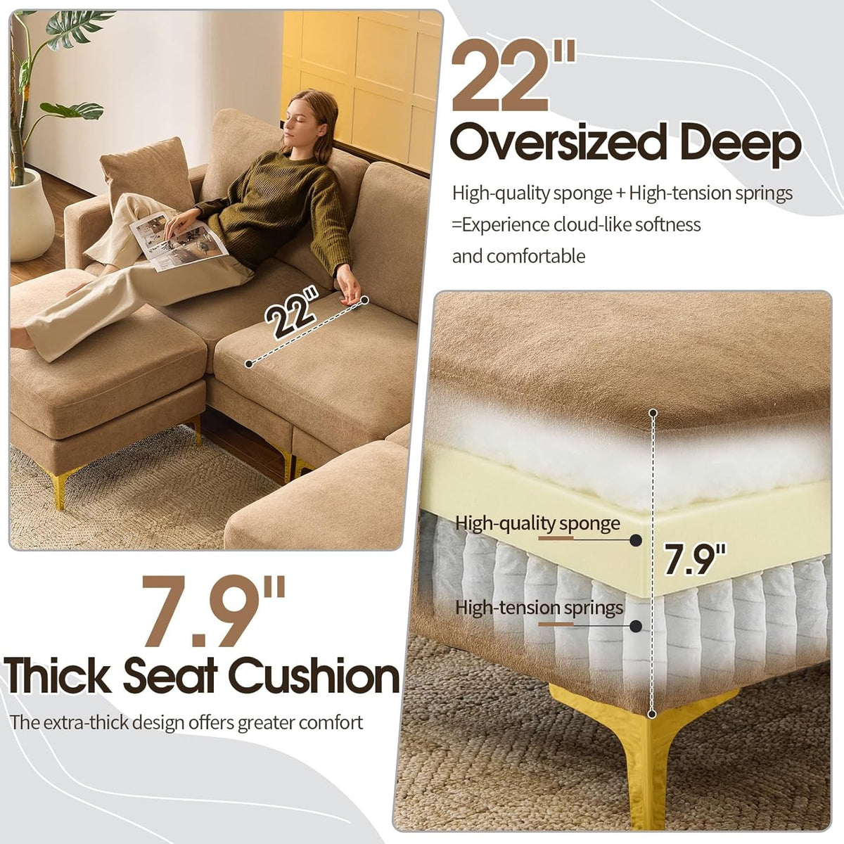 Khaki One Hundred Inch U Shaped Chenille Luxurious Couch by ShipItFurniture
