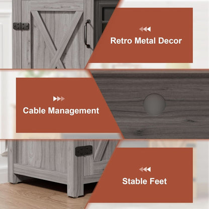 Rustic Fireplace TV Stand 65 Inch with Barn Doors Grey Wash by ShipItFurniture