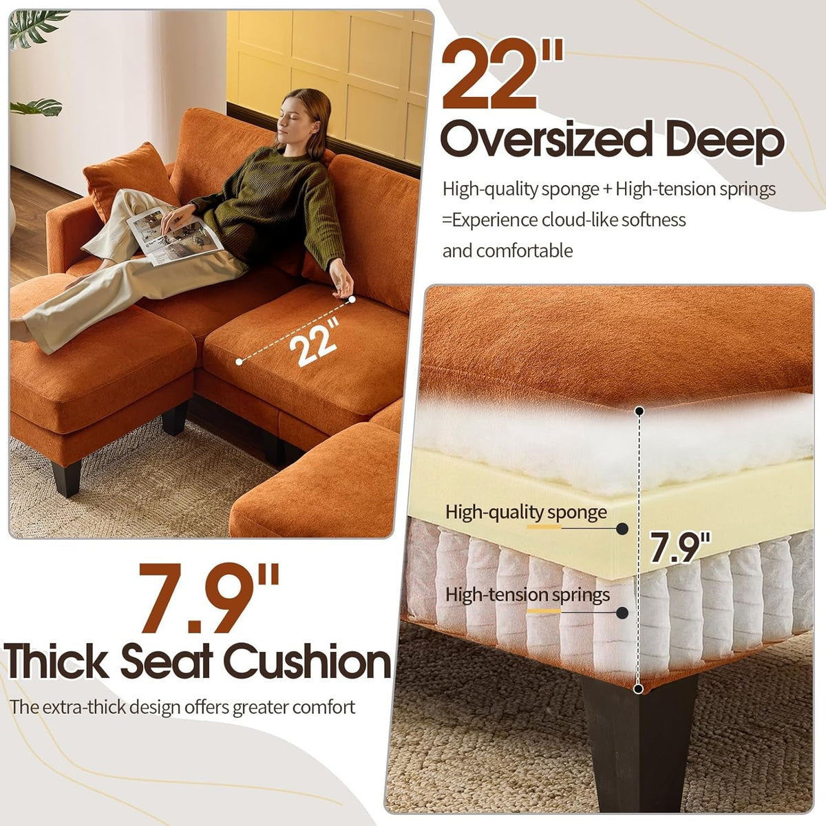One HundredInch U Shaped Sofa Plush Chenille Ottoman Orange by ShipItFurniture