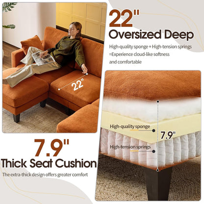 One HundredInch U Shaped Sofa Plush Chenille Ottoman Orange by ShipItFurniture