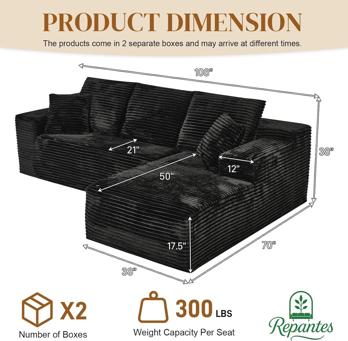 108 Inch Corduroy Left Facing Sectional Sofa Charcoal by ShipItFurniture