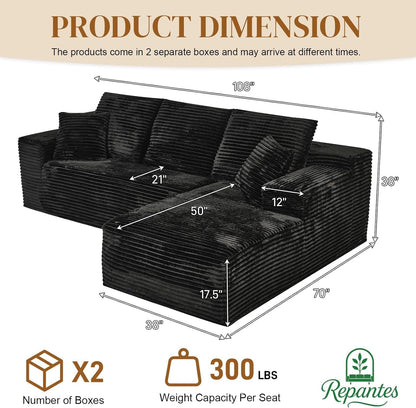 108 Inch Corduroy Left Facing Sectional Sofa Charcoal by ShipItFurniture