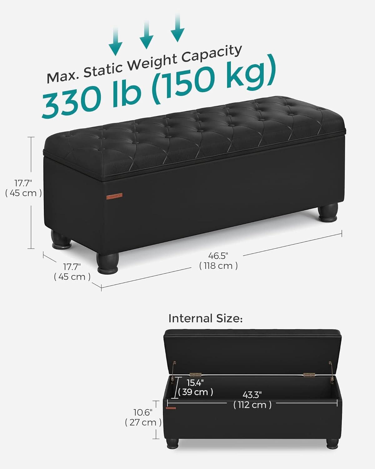Executive Black Leather Storage Ottoman Bench 46 Inches by ShipItFurniture