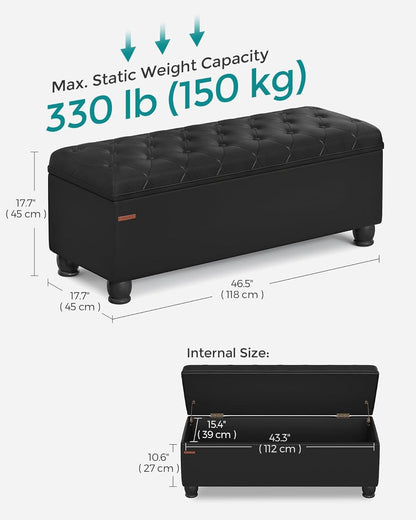 Executive Black Leather Storage Ottoman Bench 46 Inches by ShipItFurniture