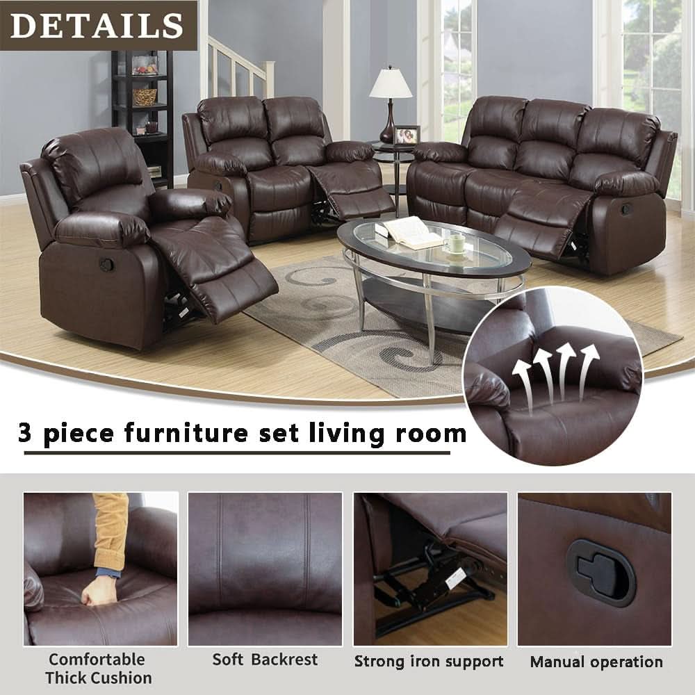 Brown Leather 3 Piece Recliner Sofa Living Room Set by ShipItFurniture
