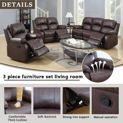Brown Leather 3 Piece Recliner Sofa Living Room Set by ShipItFurniture