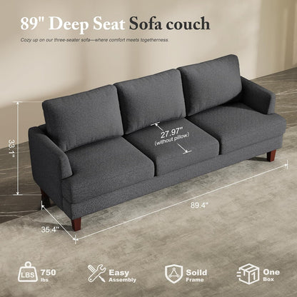 89 Inch Three Seater Upholstered Sofa Dark Grey Living Room by ShipItFurniture