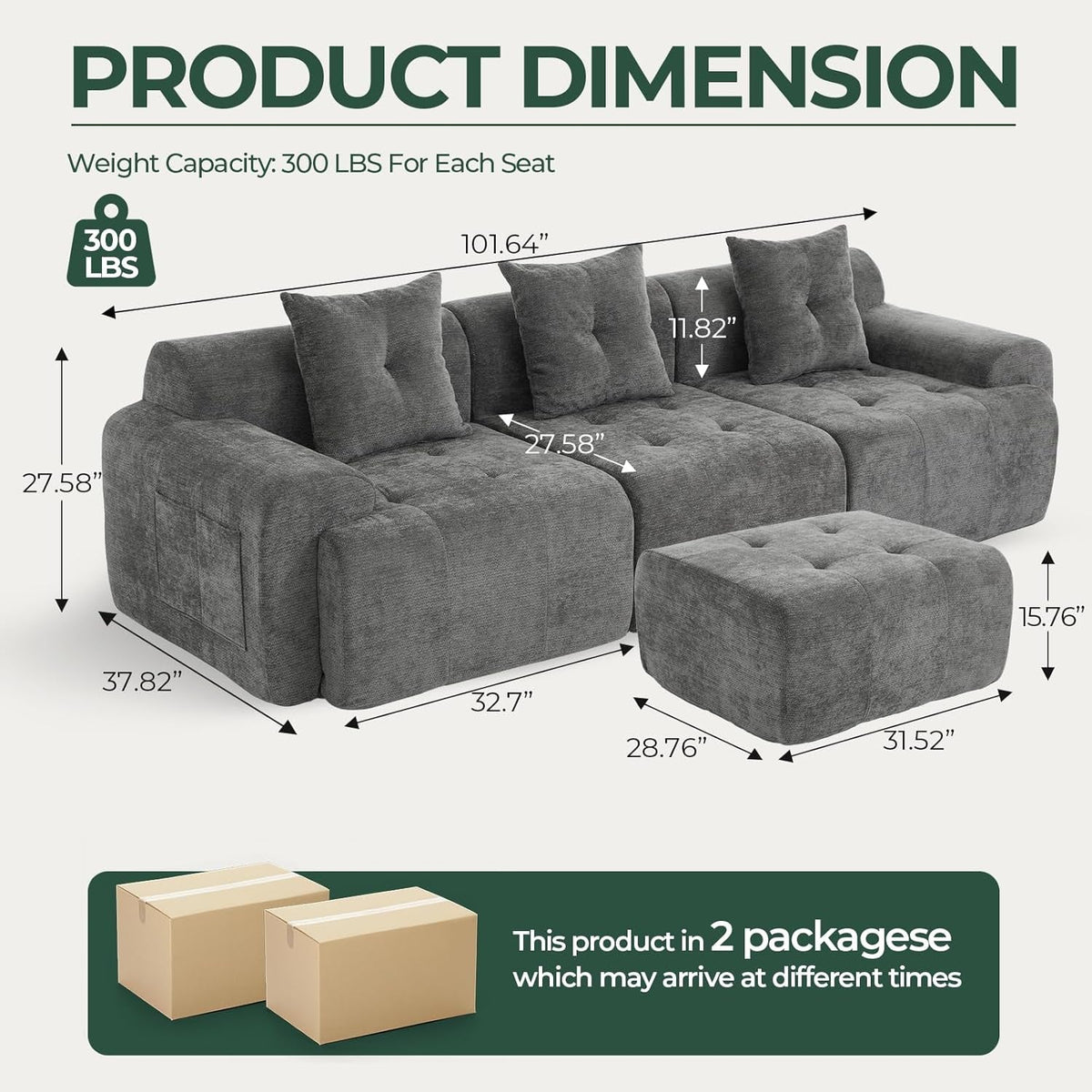 Charcoal Gray 101 Inch Modular Sectional Sofa With Ottoman by ShipItFurniture