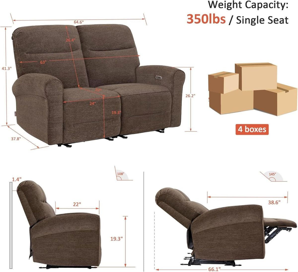 Fabric 64.6 Inch Dark Brown Wall Hugger Power Recliner Loveseat by ShipItFurniture