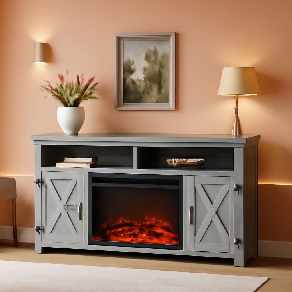 Rustic Fireplace TV Stand 65 Inch with Barn Doors Grey Wash by ShipItFurniture
