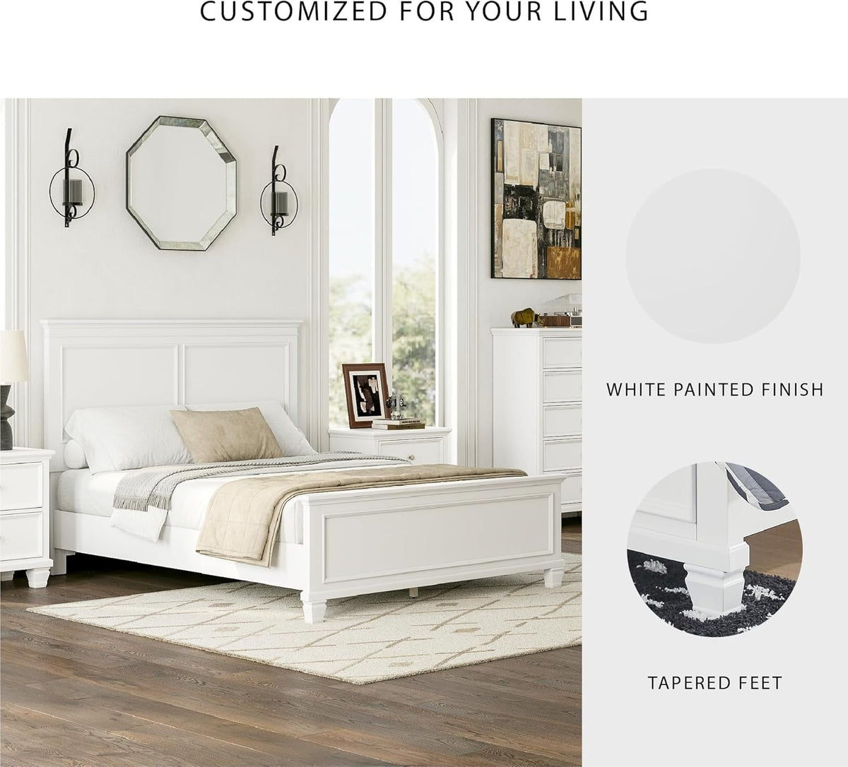 Queen Panel Bed White With Sculpted Ornate Tapered Feet by ShipItFurniture