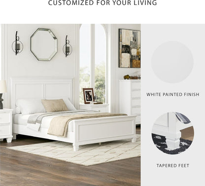 Queen Panel Bed White With Sculpted Ornate Tapered Feet by ShipItFurniture