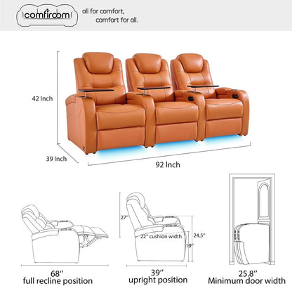 Orange Top Grain Leather Home Theater Seating Row Of Three USB Charger by ShipItFurniture