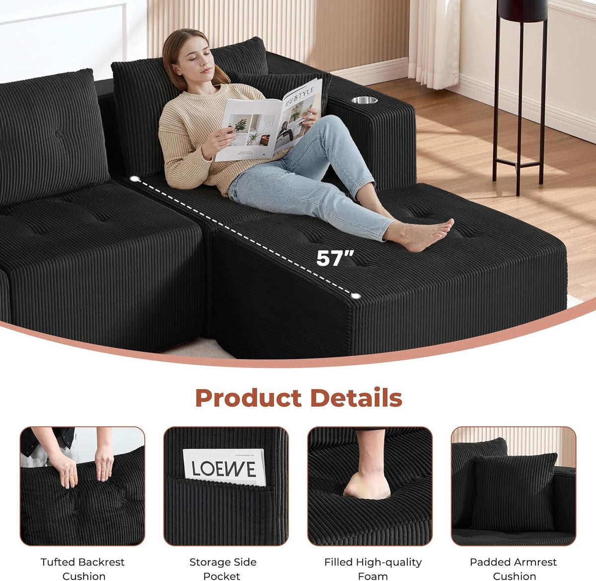 100 Inch U Shaped Oversized Modular Sofa Luxurious Corduroy by ShipItFurniture