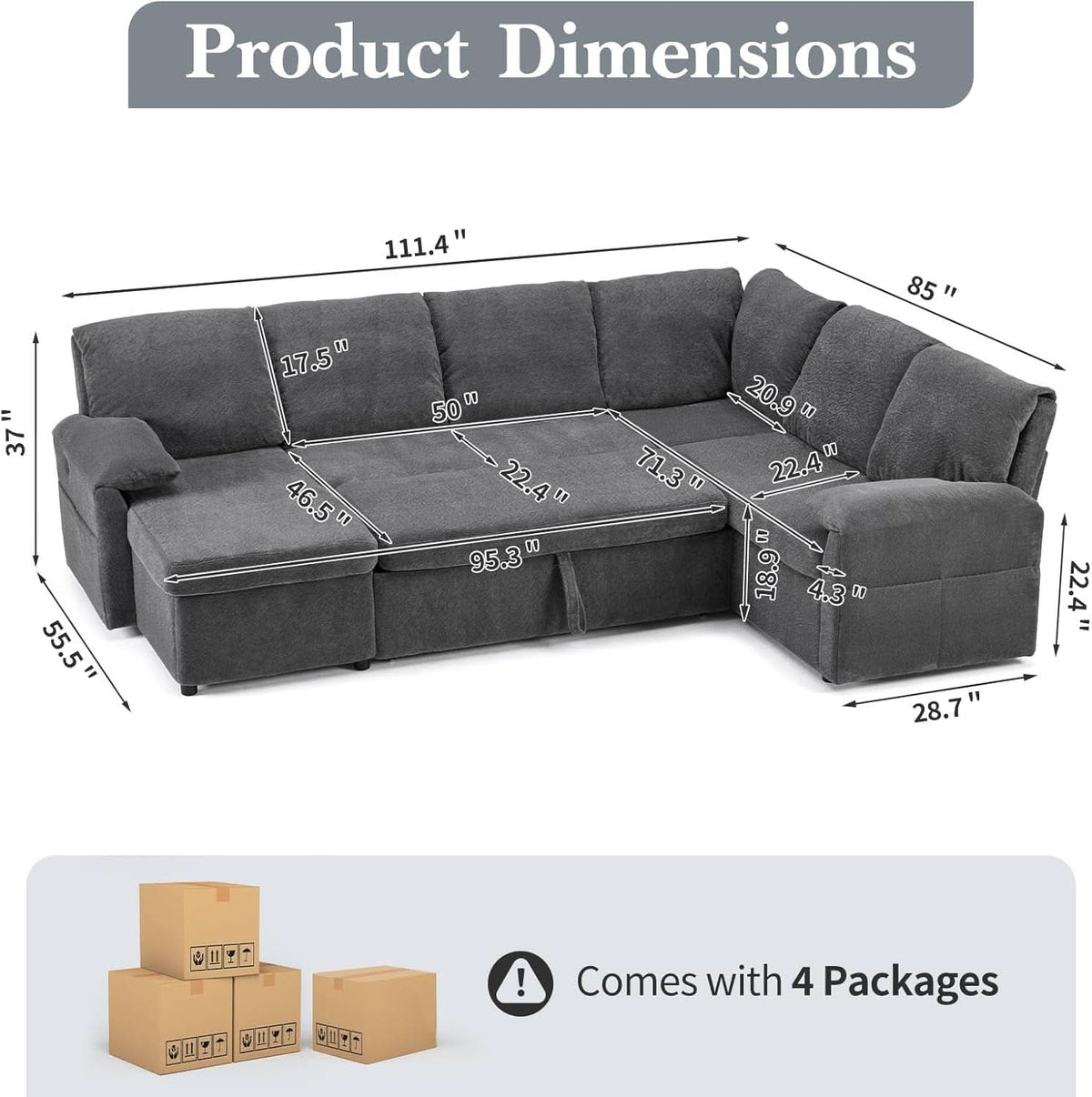 Convertible Sofa Bed With CloudLike Storage Chaise by ShipItFurniture