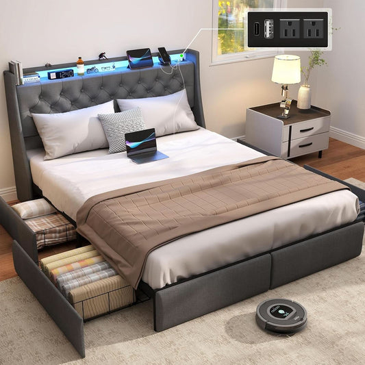 Queen Bed Frame With Storage Headboard LED Lighting by ShipItFurniture