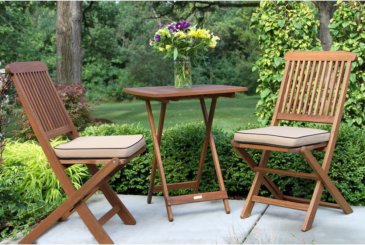 Eucalyptus Wood 3 Piece Foldable Bistro Set Beige Cushions by ShipItFurniture