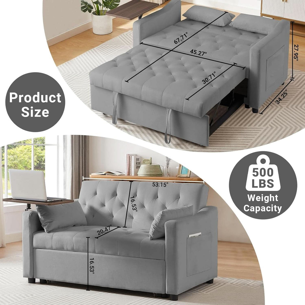 Grey Adjustable Backrest Convertible Sleeper Sofa Bed by ShipItFurniture